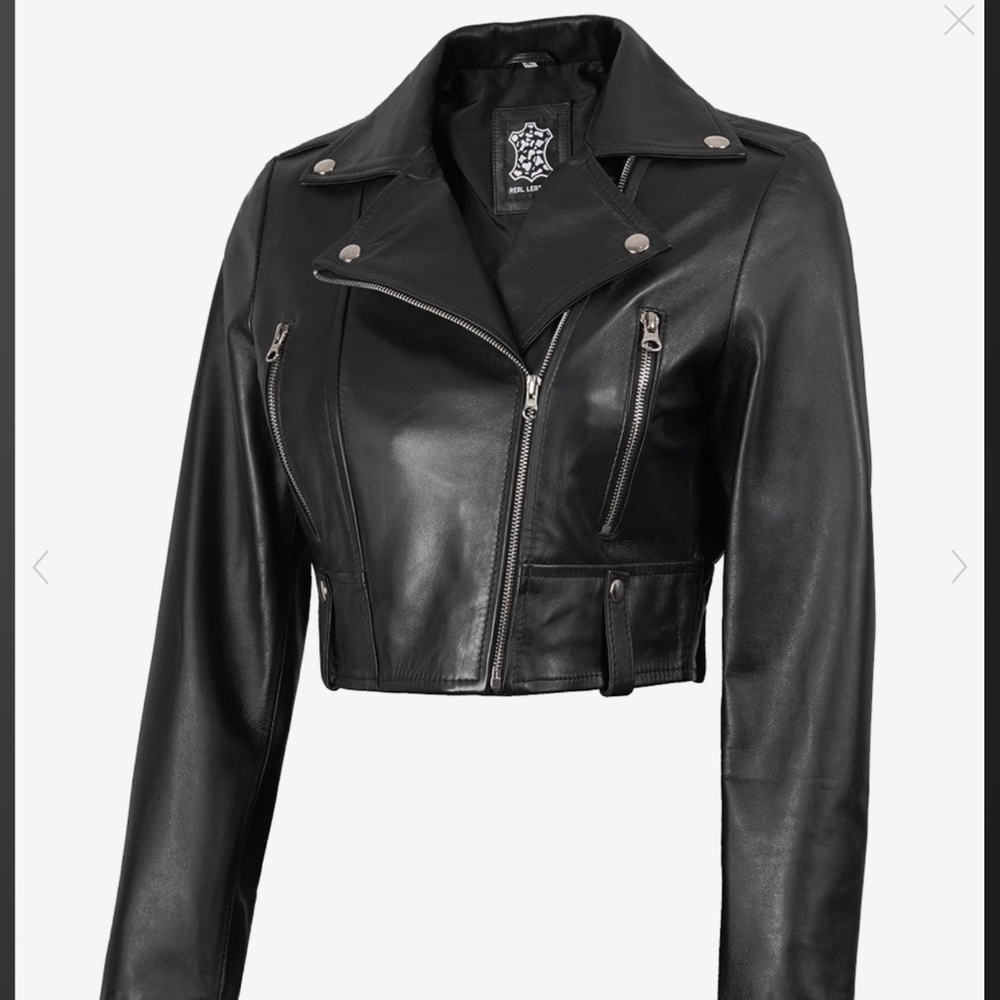 Cropped Black Lambskin Leather Asymmetrical Biker Jacket 2x